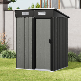 Grey metal garden storage shed with sliding door and vented roof fascia