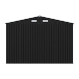 Metal storage shed side wall with roof vents and corrugated metal panels