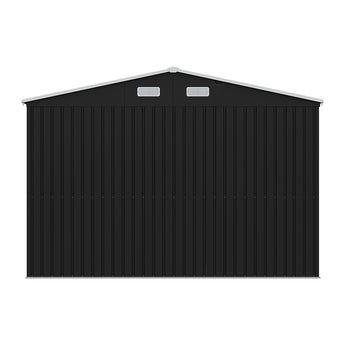 Metal storage shed side wall with roof vents and corrugated metal panels