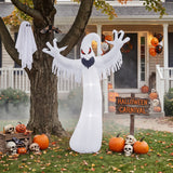 White inflatable ghost with fringed wing-like sleeves, red eyes, and black jagged mouth