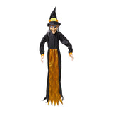 Witch costume front view: black hooded robe, orange webbed skirt, yellow pointed hat