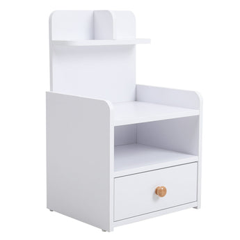 White bedside table with open cubby and 1 drawer, curved side panels