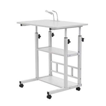 White overbed laptop table with two shelves and caster wheels, adjustable legs