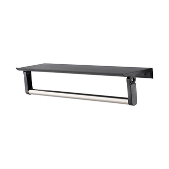 Black towel shelf bracket with metal support bars for wall mounting