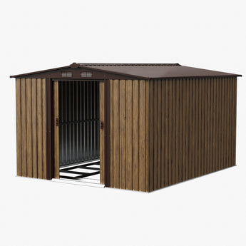 Wood-effect metal garden shed with open double doors and apex roof