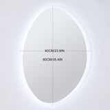 Oval frameless bathroom mirror with LED backlight, size marked 60cm x 90cm