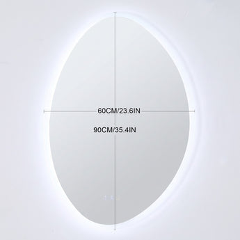 Oval frameless bathroom mirror with LED backlight, size marked 60cm x 90cm
