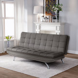 Dark grey linen sofa bed with tufted backrest, adjustable positions and chrome legs
