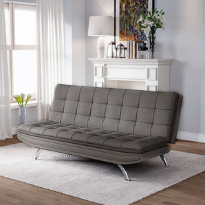 Dark grey linen sofa bed with tufted backrest, adjustable positions and chrome legs