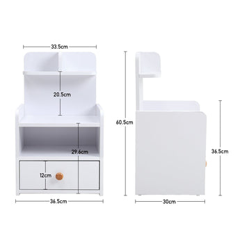 White bedside table with two drawers and open shelf, minimalist wooden design