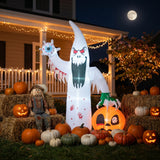 Ghost cat Halloween yard decoration with hood and orange pumpkin bucket