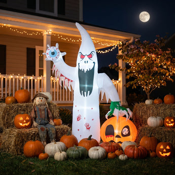 Ghost cat Halloween yard decoration with hood and orange pumpkin bucket