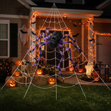 Purple and black Halloween spider decoration with web draped across the porch