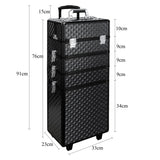 Black 76 cm makeup case with dimensions shown; quilted pattern, handle and corner wheels
