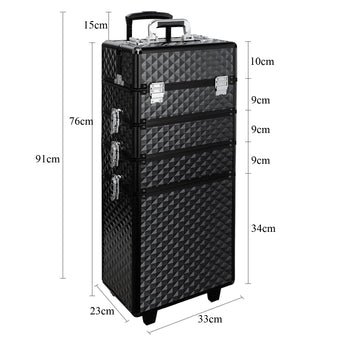 Black 76 cm makeup case with dimensions shown; quilted pattern, handle and corner wheels