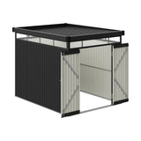 Metal storage shed with flat roof and double doors, black frame and light gray side panels