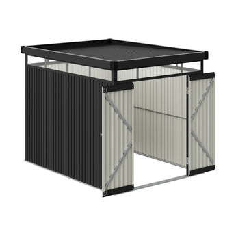 Metal storage shed with flat roof and double doors, black frame and light gray side panels