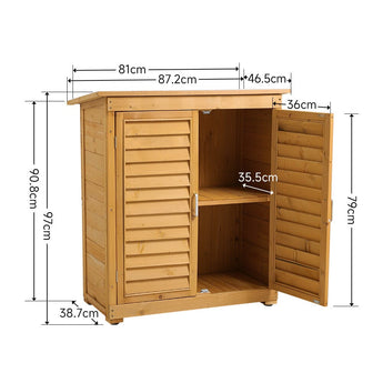 Wood storage shed dimensions diagram with open double doors
