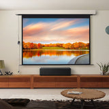 Electric projector screen with rolled housing and motor cable, showing a wide picture