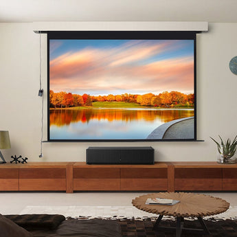 Electric projector screen with rolled housing and motor cable, showing a wide picture
