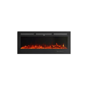 Wall-mounted electric fireplace insert with slim top vents and glowing orange flames