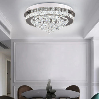 Round crystal ceiling lamp with clear crystal drops and chrome metal surround