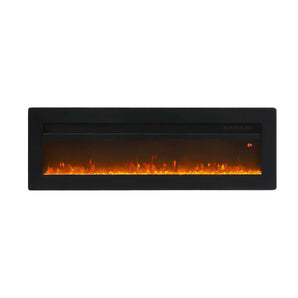 Black 60-inch electric fireplace with realistic orange flames