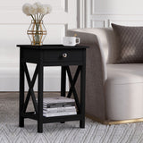 Black wooden nightstand with drawer and lower shelf, featuring a round metal knob.