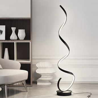LED spiral standing floor lamp with white light, black round base and glowing tube