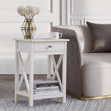 White wooden nightstand with one drawer and open lower shelf, round metal knob.