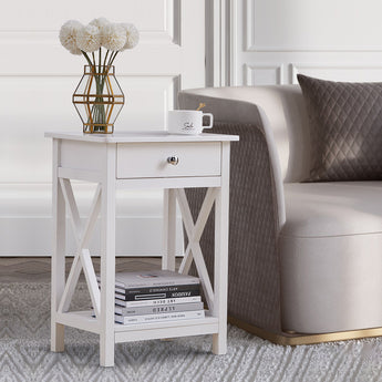 White wooden nightstand with one drawer and open lower shelf, round metal knob.