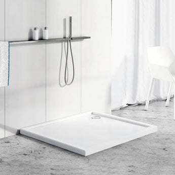 White rectangular wetroom shower tray, 1000×800×40mm, central drain hole