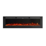 Wall-mounted electric fireplace insert with dark frame and glowing orange flame display
