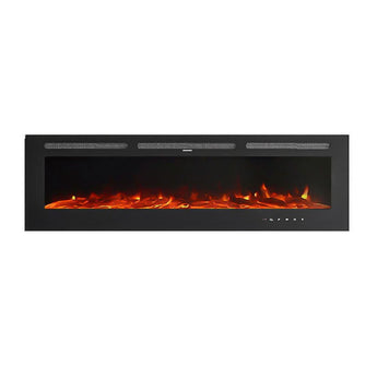Wall-mounted electric fireplace insert with dark frame and glowing orange flame display