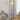 Modern floor lamp with 3 wood shelves, black metal frame and decorative glass panels