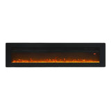 Recessed electric fireplace with black frame and orange flame display, 70-inch