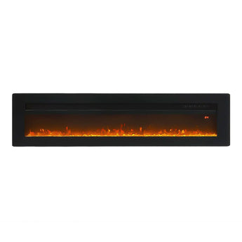 Recessed electric fireplace with black frame and orange flame display, 70-inch