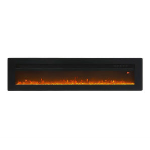 Recessed electric fireplace with black frame and orange flame display, 70-inch