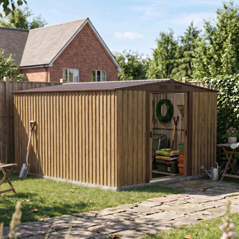 Wood-effect metal garden shed with open double doors in garden