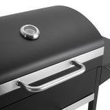 Black grill front with chrome handle, control knob area, and stainless trim