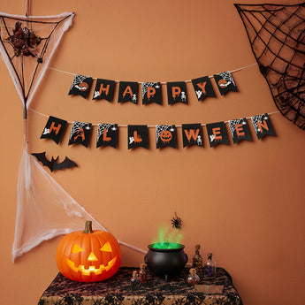Halloween pennant garland spelling HAPPY and HALLOWEEN on black triangles with icons