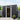 Charcoal black metal garden storage shed with open double sliding doors and interior view