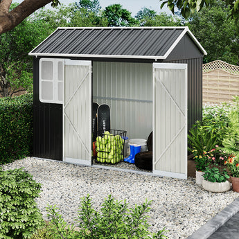 Garden tool shed with open double doors, black siding and white interior panels