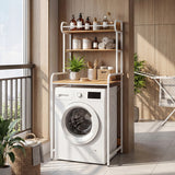 Over-the-toilet storage rack with white frame and light wood shelves with curved rails