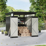 Metal storage shed with flat roof; doors open to reveal stored firewood and shelves
