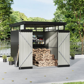 Metal storage shed with flat roof; doors open to reveal stored firewood and shelves