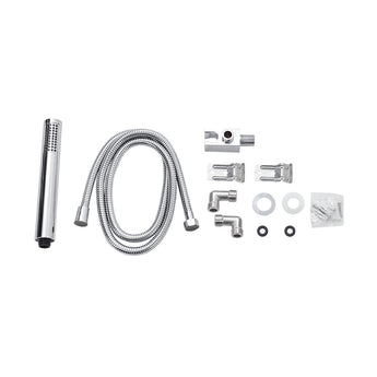 Shower tower kit parts: chrome hand shower, flexible hose, fittings, and seals
