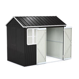 Double-door tool shed with open white doors, black metal siding, and window panels