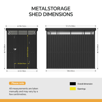 Metal storage shed dimensions diagram with labeled overall size and side opening measurements