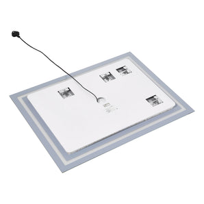 Wall-mounted LED bathroom mirror showing back connectors and control icons on glass